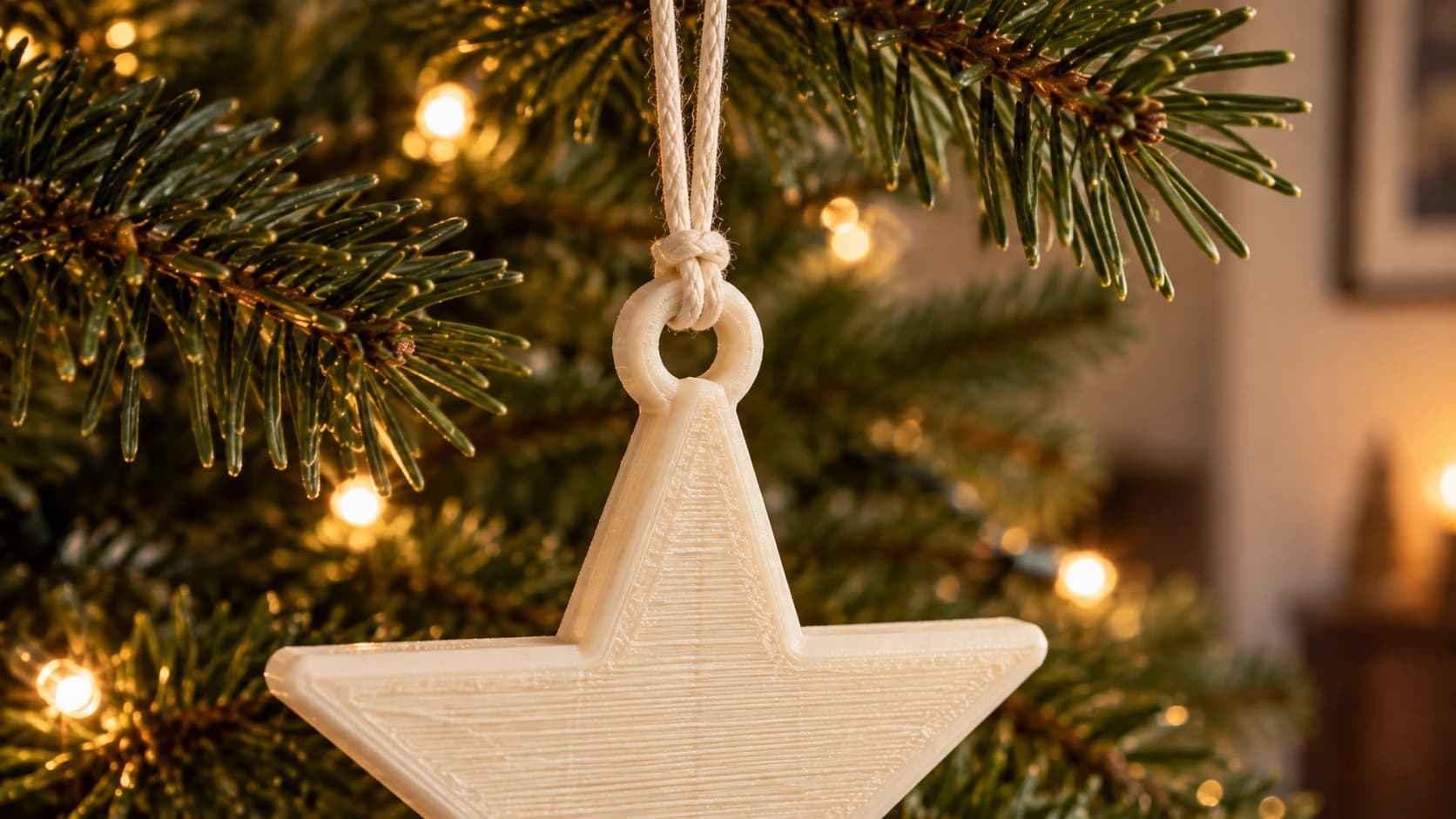 Close view of the ivory star ornament showing its reinforced eyelet and cotton hanging cord