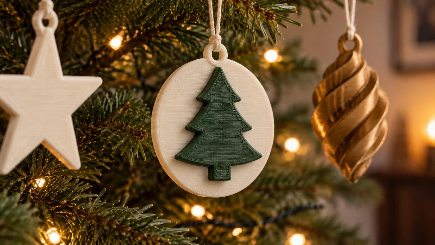 Green printed tree raised on a cream circular ornament, with its hanging loop and cord visible