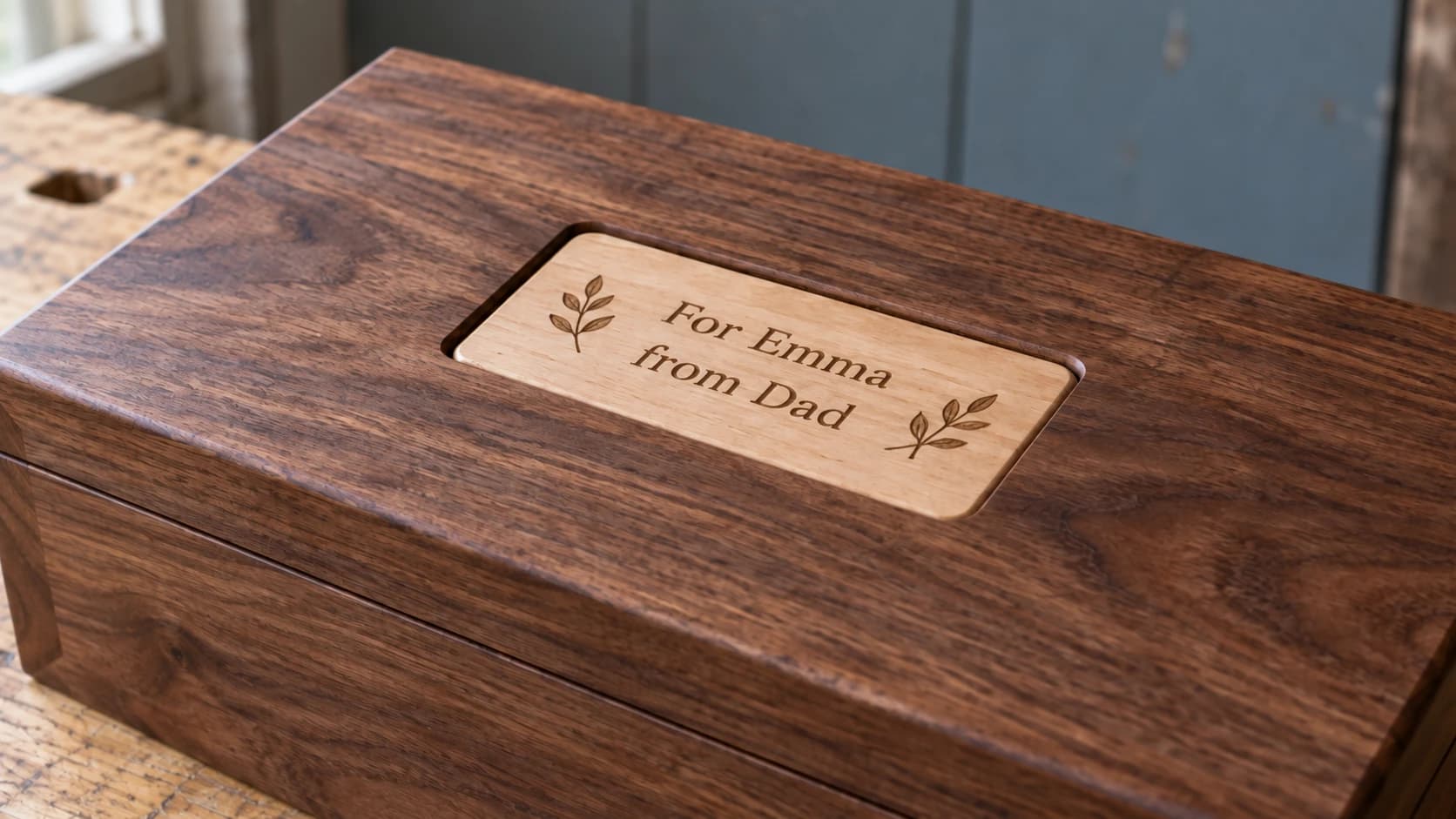 Close view of the same maple dedication plaque installed in the walnut keepsake-box lid