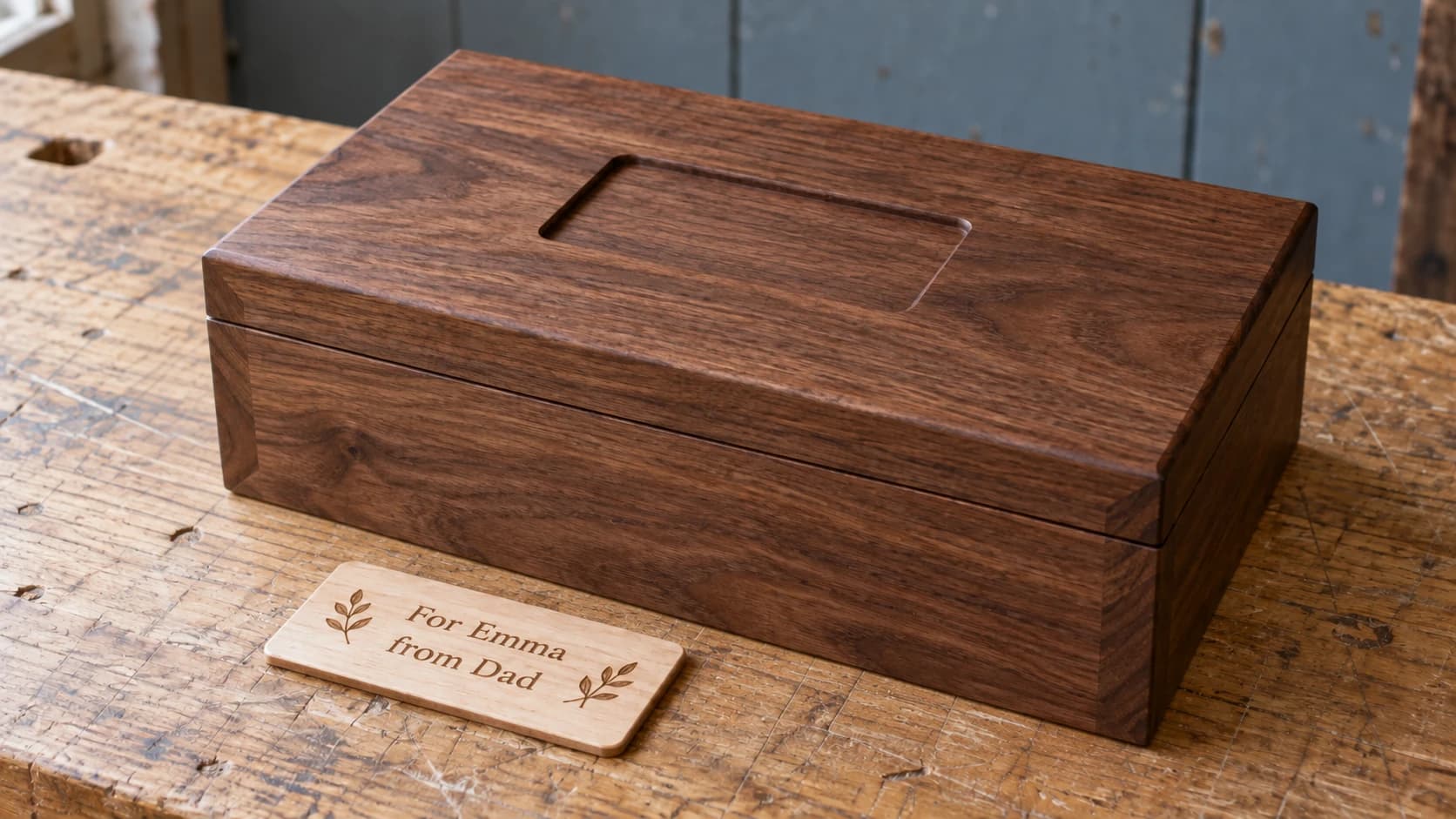 The For Emma from Dad maple plaque beside the matching recess in the walnut box lid