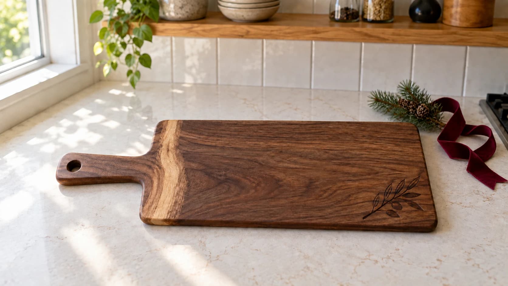 Walnut serving board in the same kitchen with a pine branch and burgundy ribbon