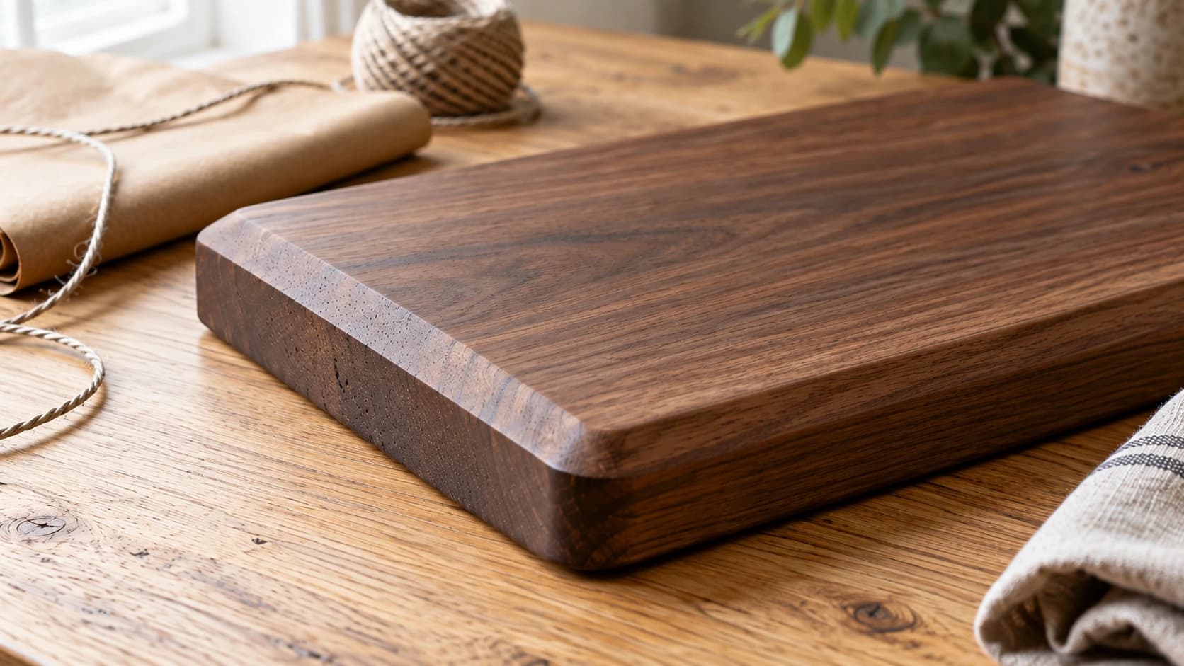 Close view of the walnut serving board’s wide chamfer and end grain