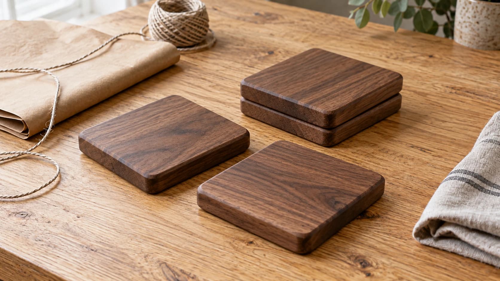 Four plain walnut coasters on the same oak wrapping table beside paper and twine