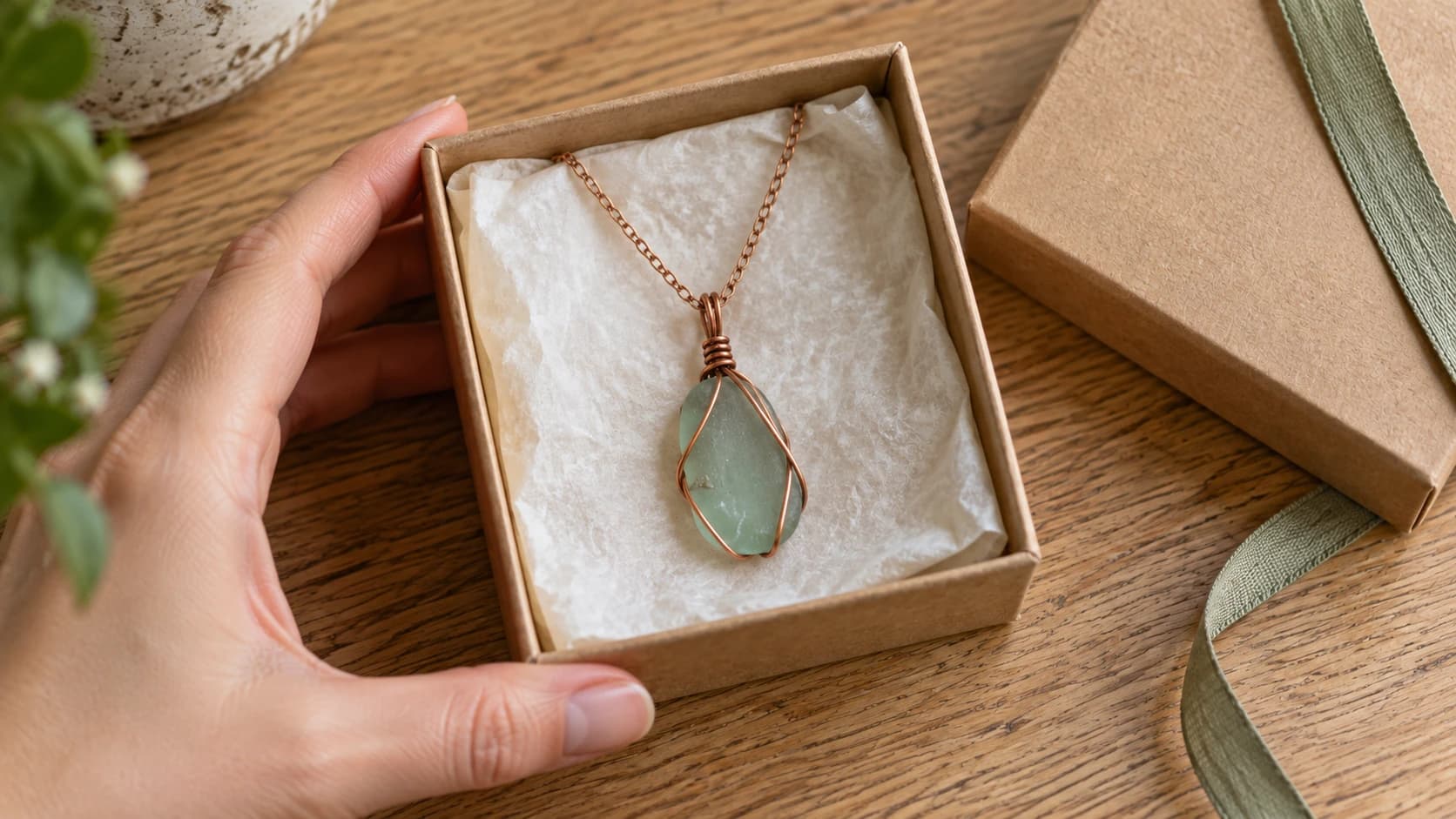 The same copper-wrapped sea-glass pendant arranged on tissue in its kraft gift box