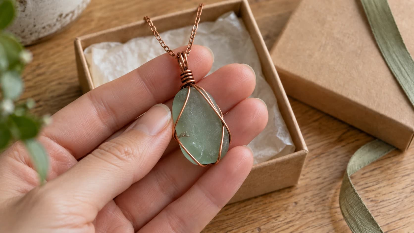 Sea-green glass pendant resting against a hand, with copper wires cradling its edges and a wrapped bail above