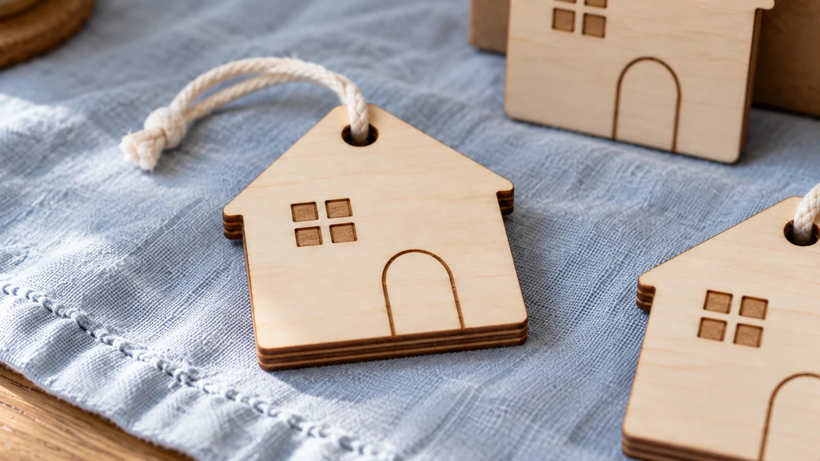 Close view of the same plywood house ornament with an attached cord and engraved window