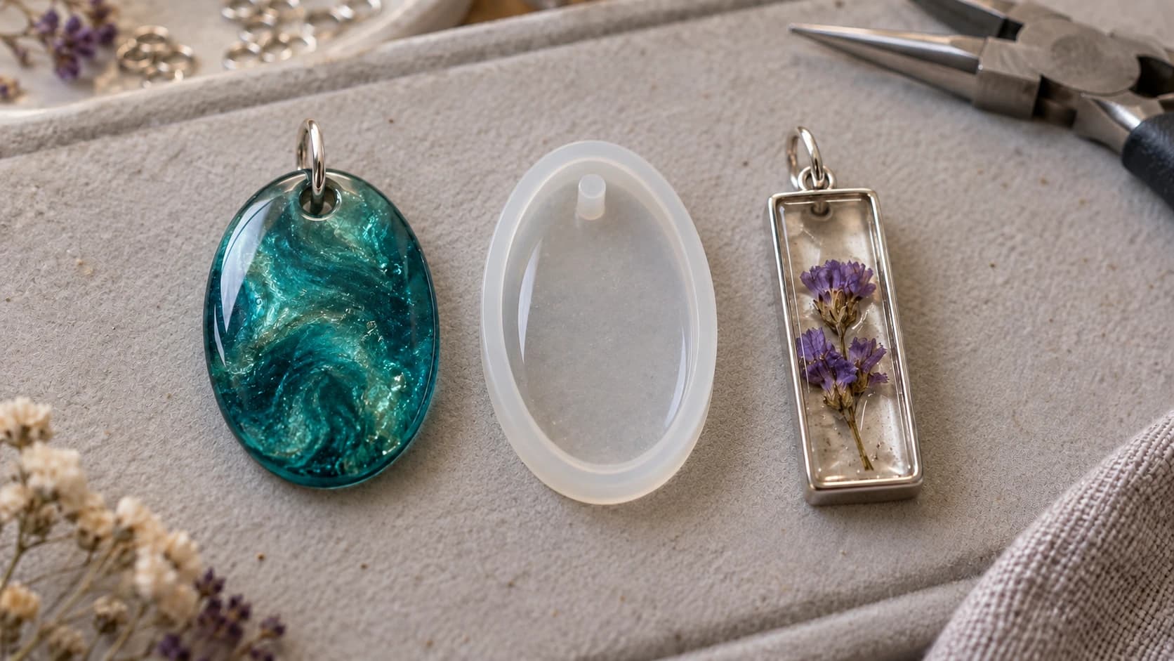 Teal oval pendant beside its empty silicone mold and a purple-flower pendant enclosed in a slim metal bezel