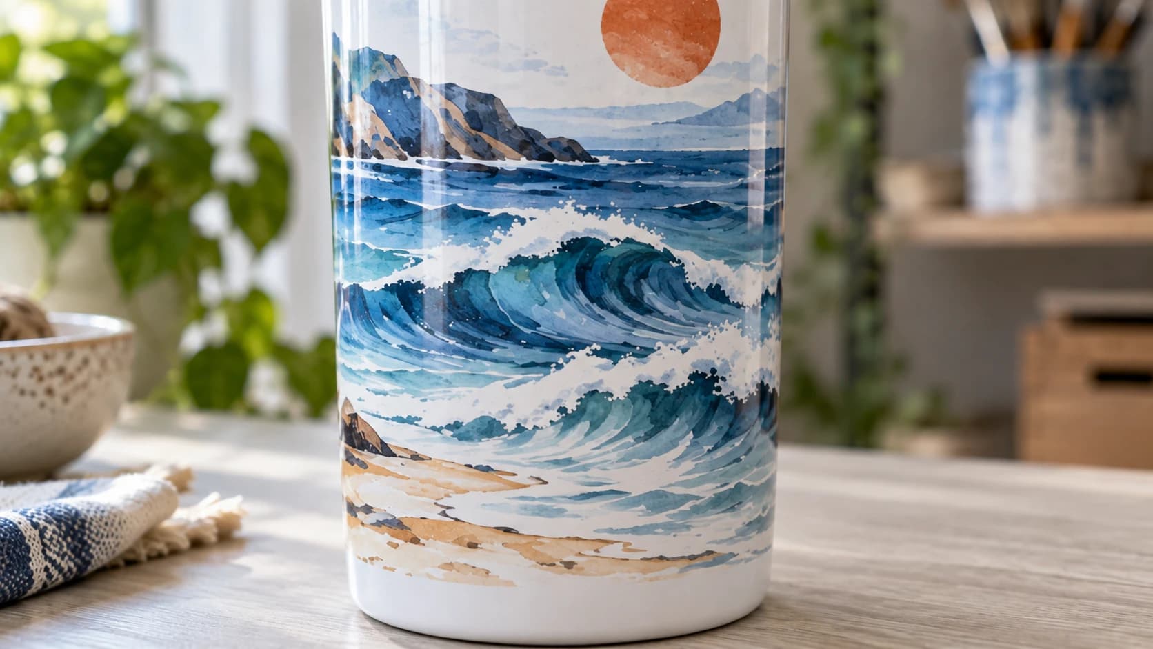 Blue wave print and white lower margin on the matching tumbler