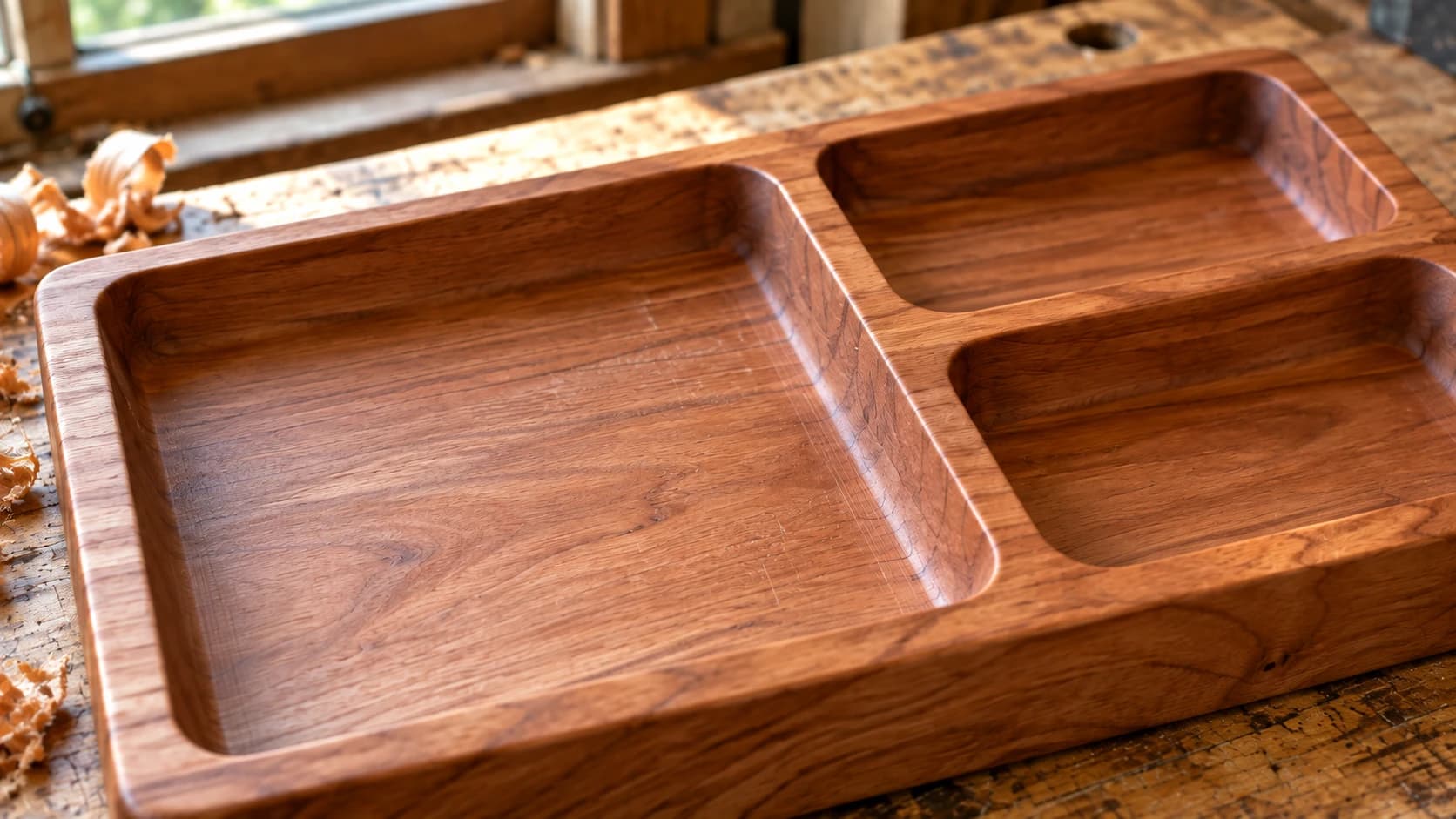 Close-up of three routed pockets in a solid cherry valet tray