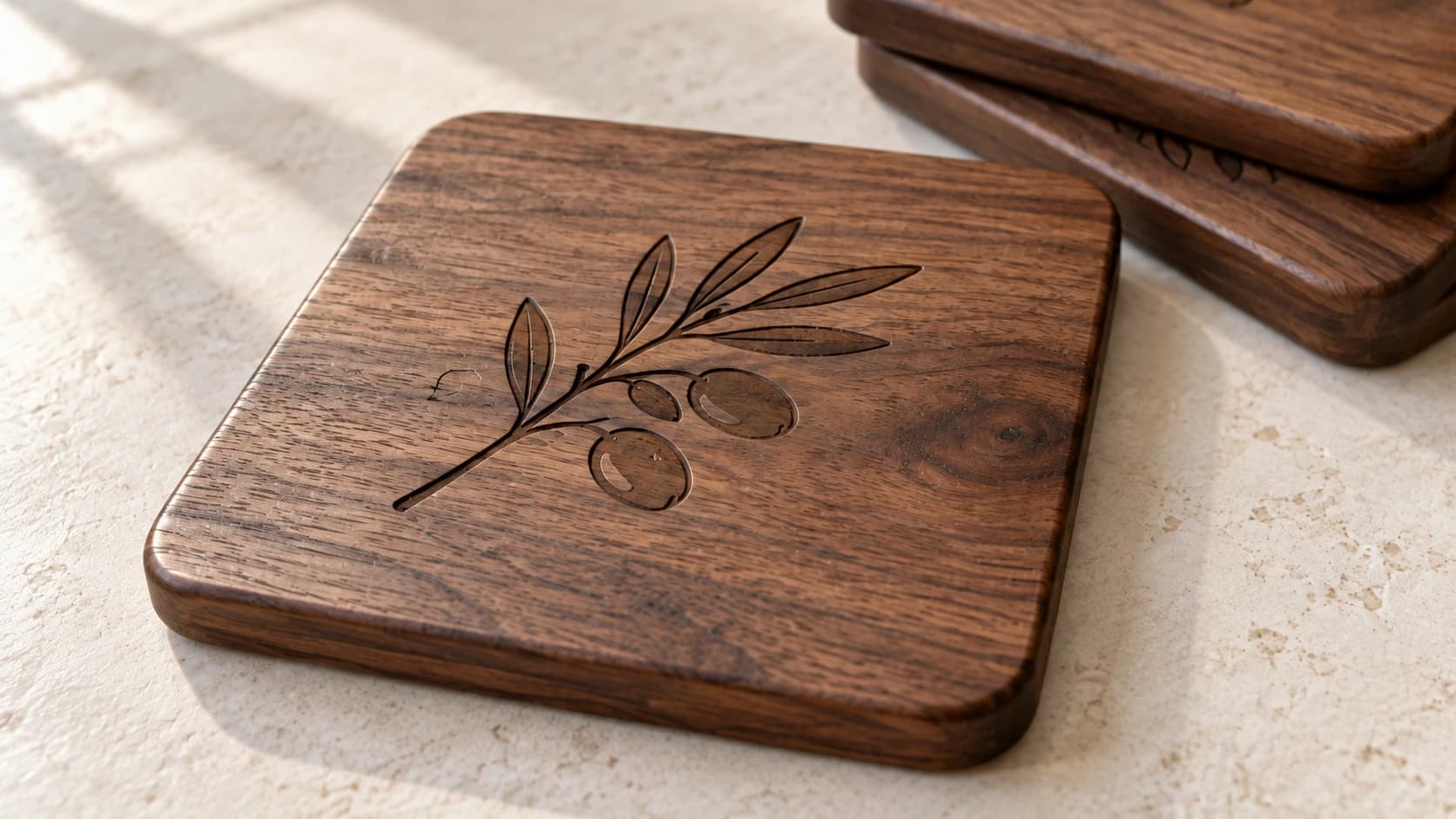 Close-up of the same olive-engraved walnut coaster and its rounded edge