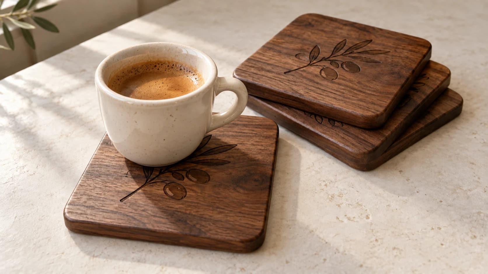 The same walnut coaster supporting a small cream cup on the original tabletop