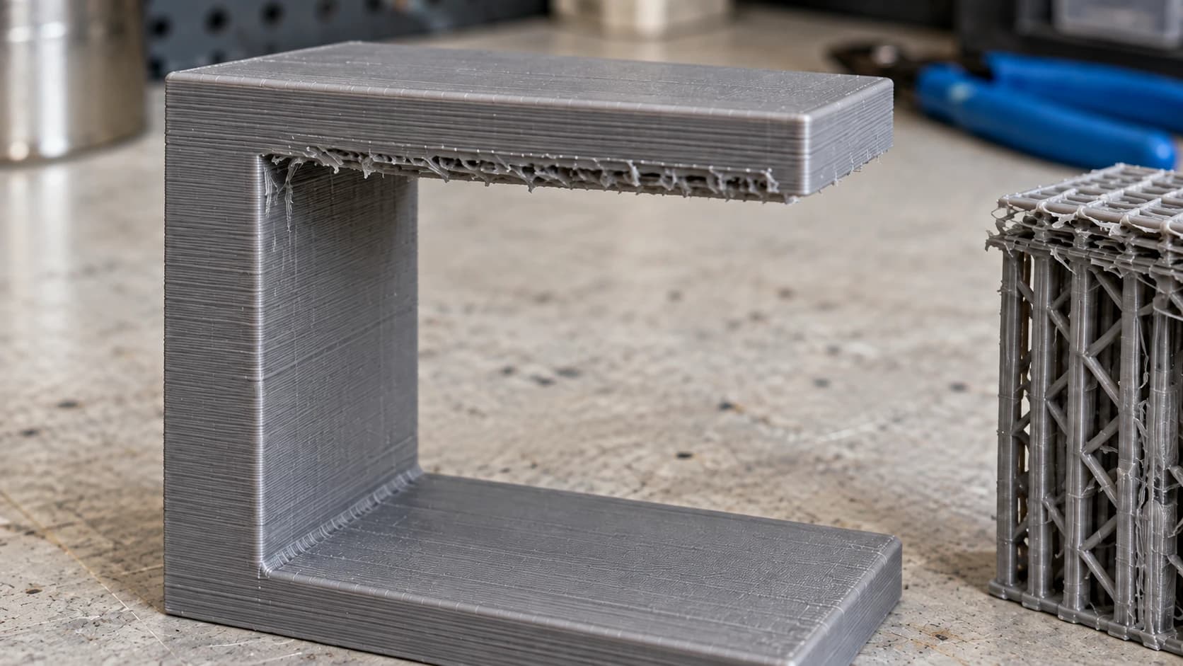 Gray printed bracket with rough support contact marks beneath its top arm and the removed support beside it
