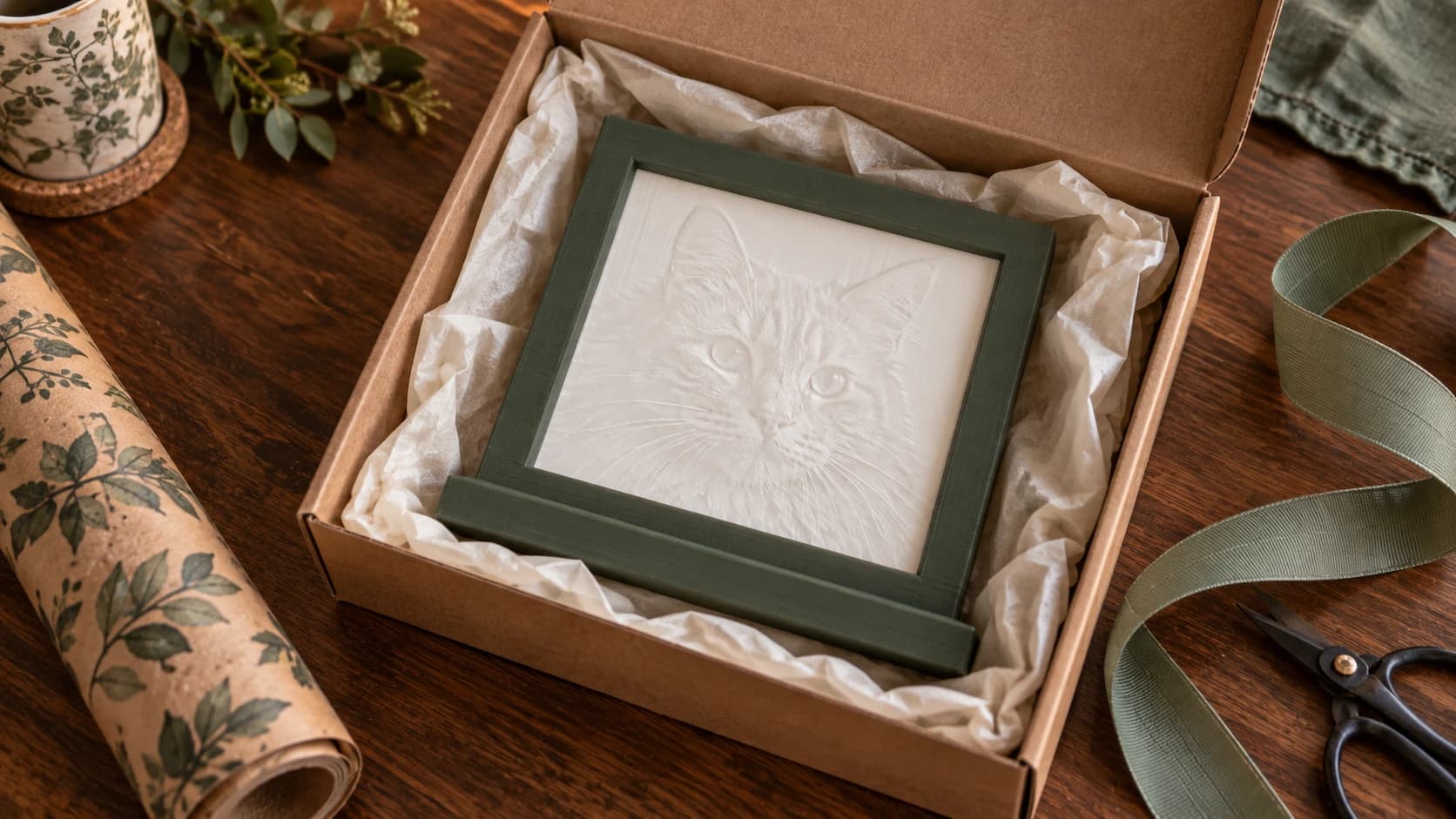 The same cat lithophane, unlit and nestled face-up in tissue inside its kraft gift box
