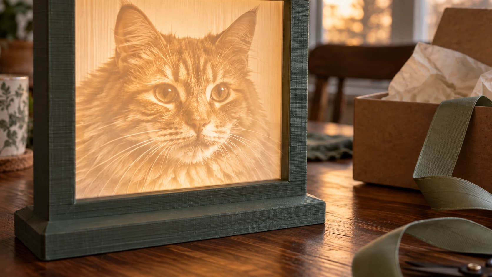 Warmly backlit cat lithophane in a sage-green printed frame beside its gift box