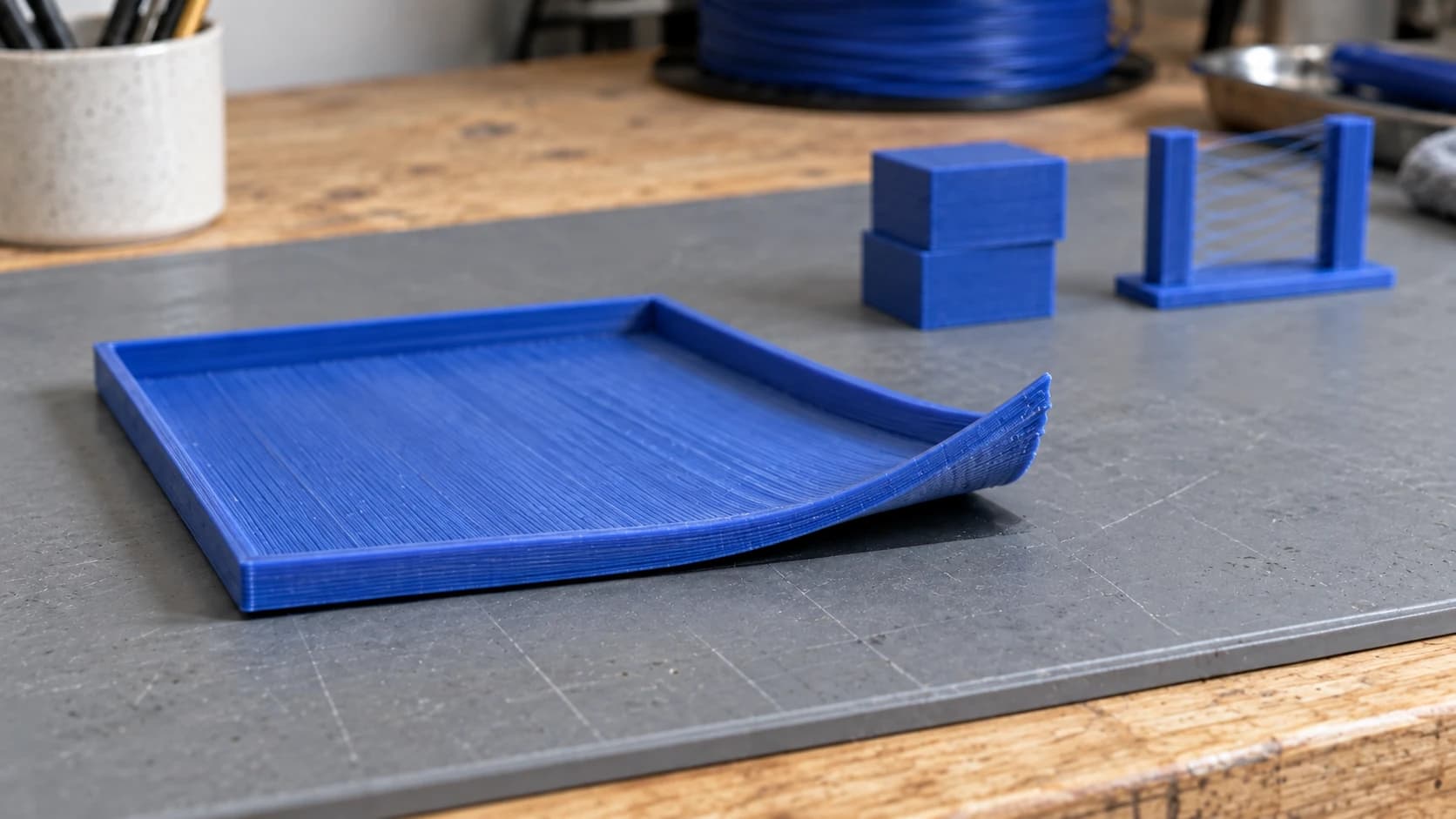 Close view of the blue tray with one corner curled up and a visible gap above the gray work mat