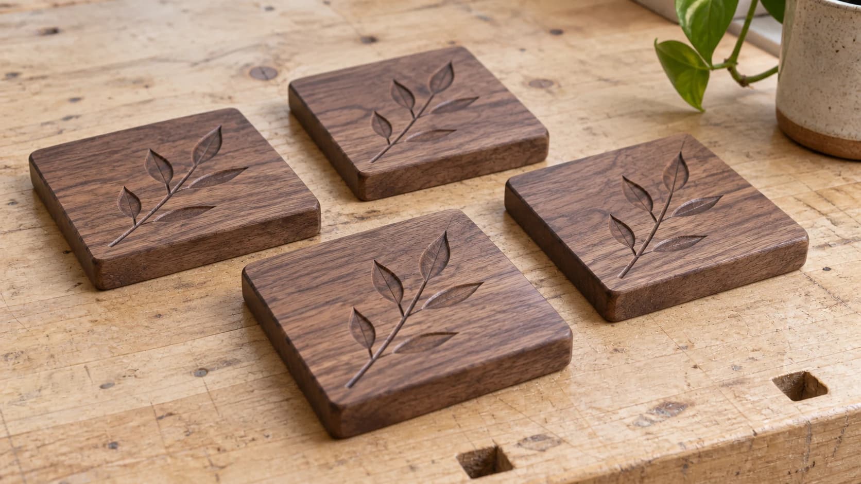 Four walnut coasters with matching shallow leaf carvings on the same workshop bench