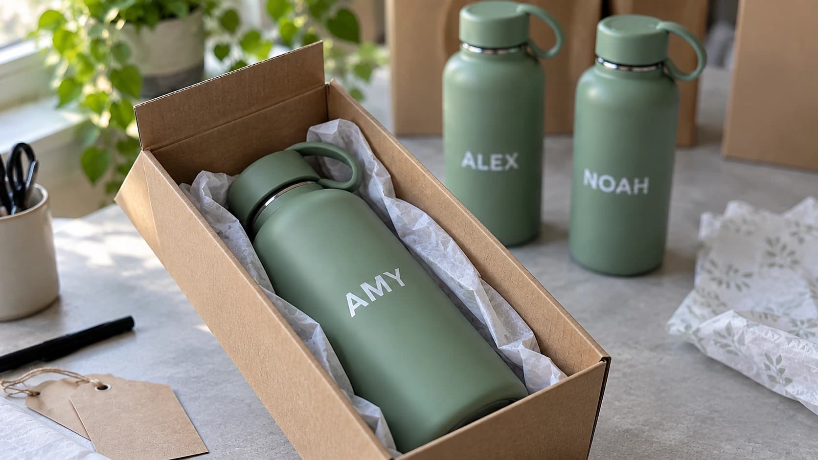 Personalized AMY bottle cushioned with tissue in a kraft box