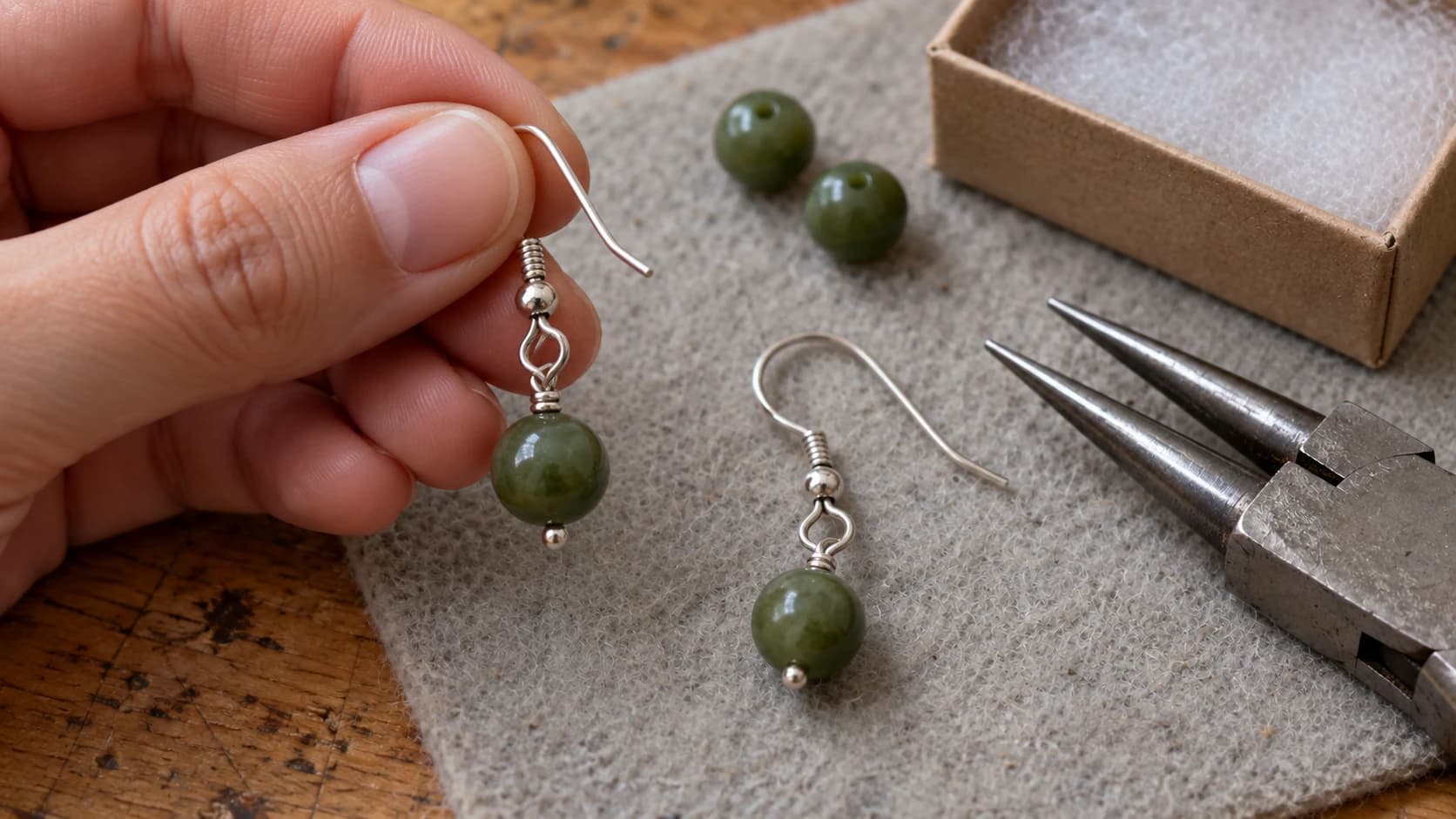 A moss-green bead earring held close enough to see its wrapped wire loop and connection to the ear wire