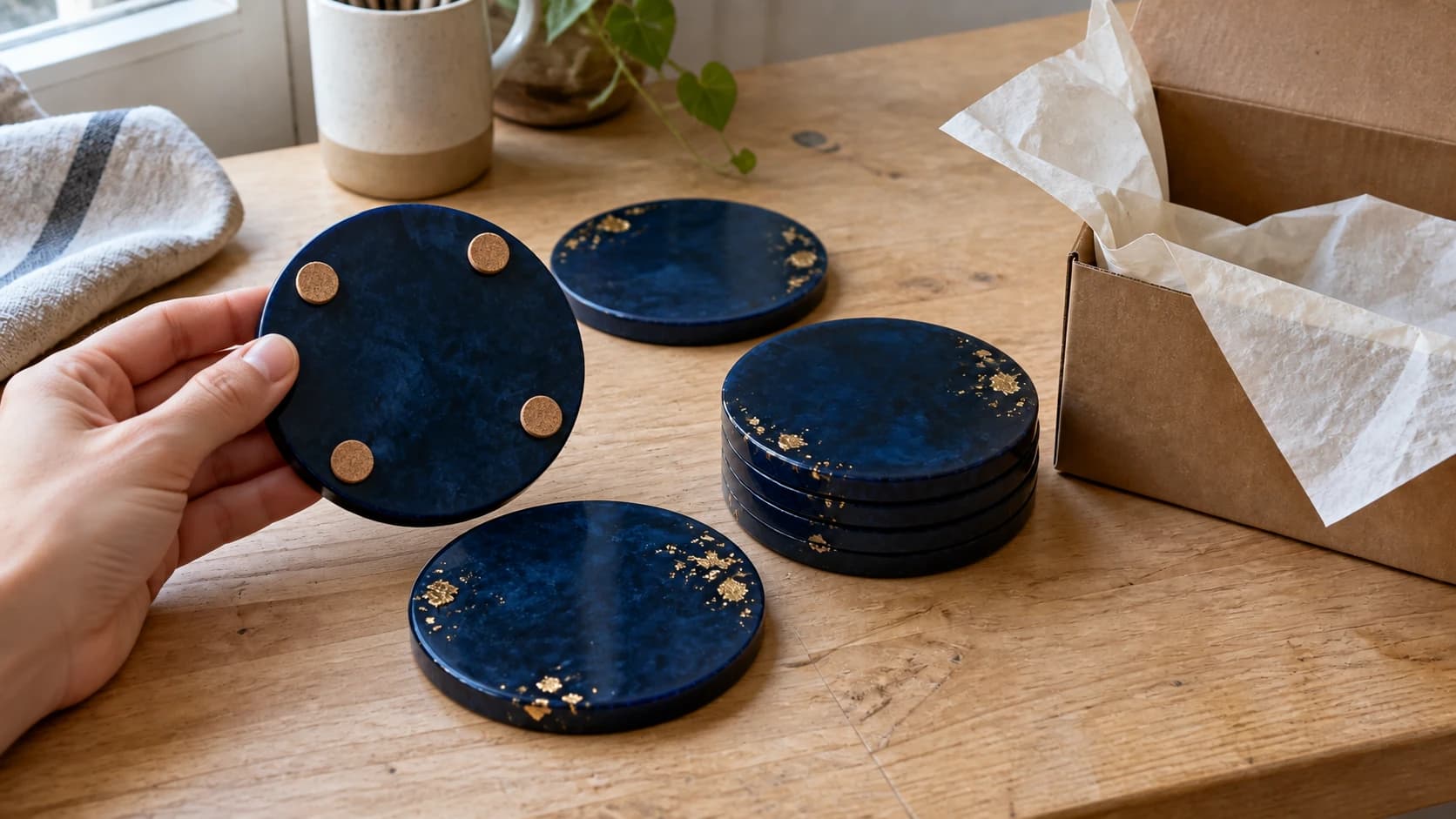 A blue resin coaster turned over to show four small cork feet, with the rest of the batch on the packing table