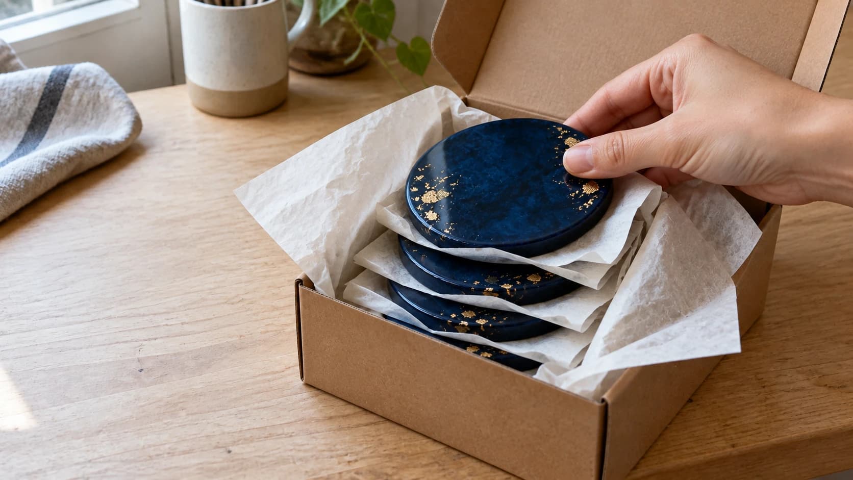 Four matching blue-and-gold resin coasters separated by paper inside a kraft box