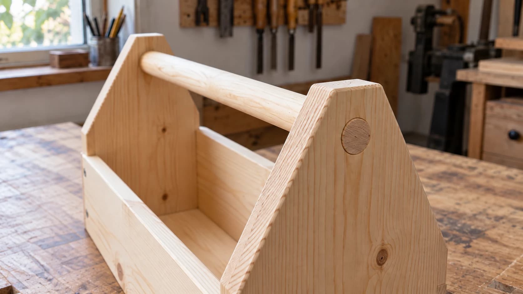 The pine tote handle seated in a round hole through its end board