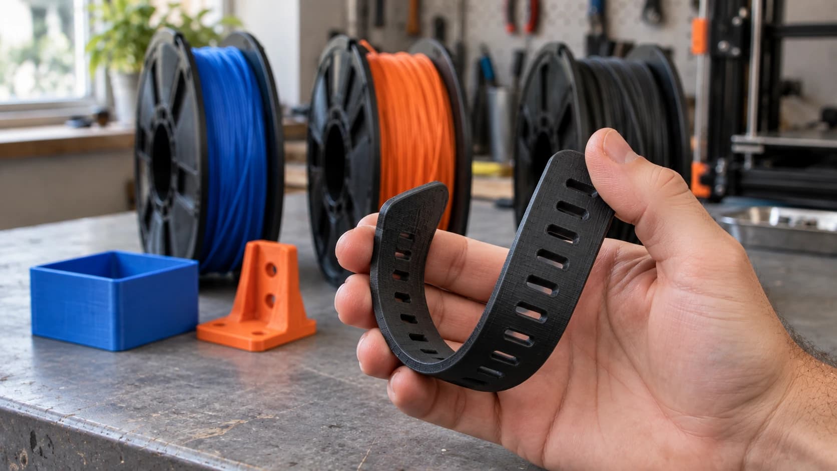 A charcoal printed TPU strap bent into a gentle curve by one hand on the gray workbench