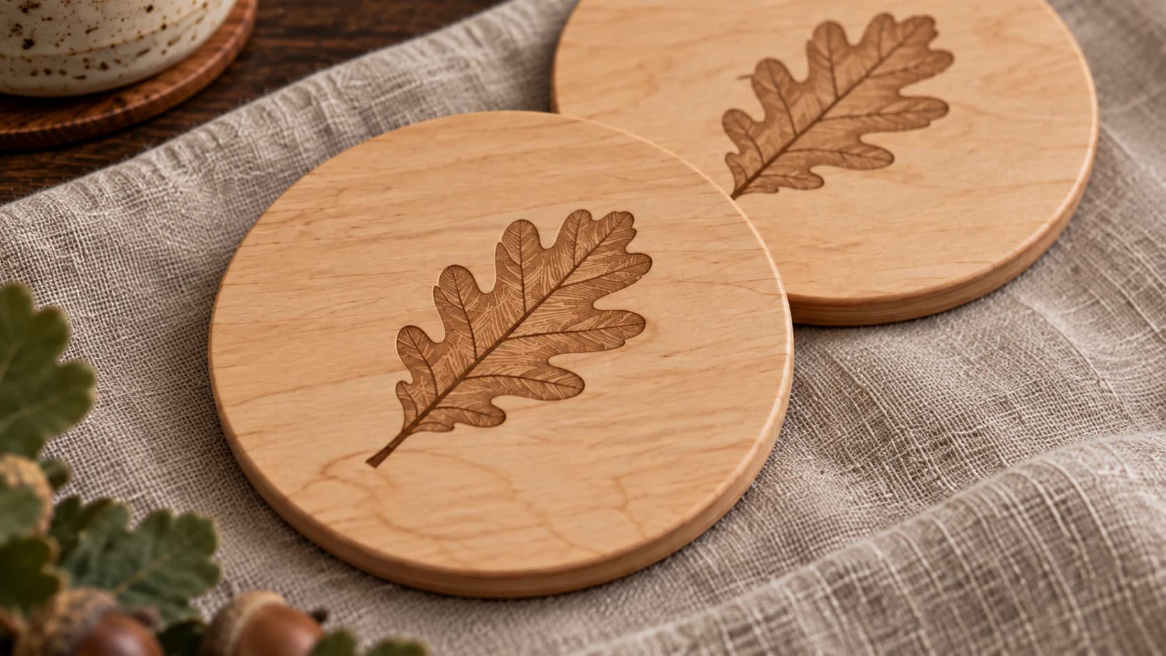 Close view of the same maple oak-leaf coasters on oatmeal linen