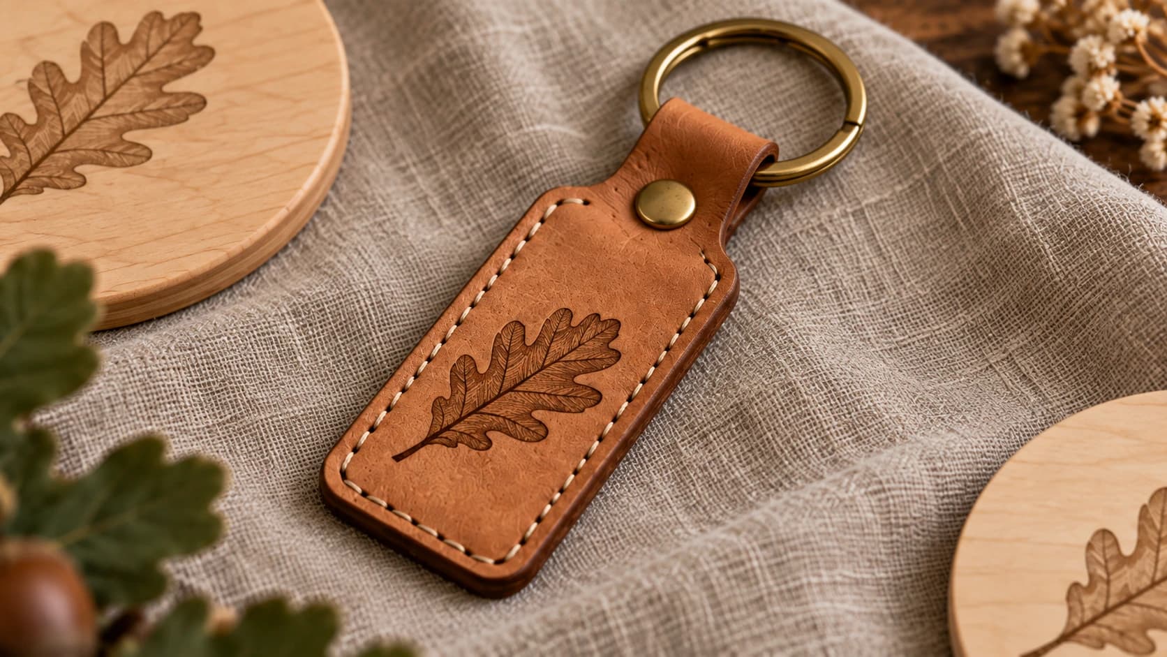 The same engraved leather key fob with stitching, a rivet and a brass ring