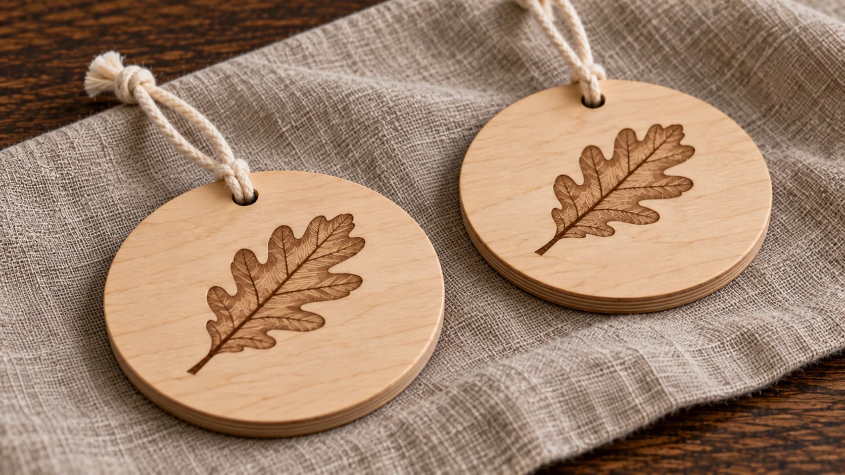 The same oak-leaf plywood ornaments with cotton loops through their holes