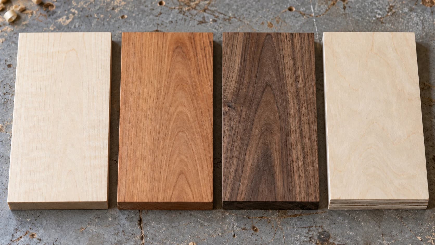 Four wood sample faces, left to right maple, cherry, walnut and birch plywood, with their different grain and color visible