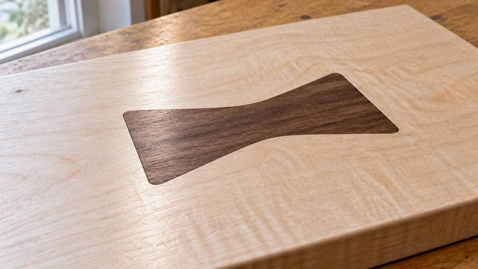 Finished walnut bow-tie inlay flush with its maple board, showing the rounded seam and contrasting grain