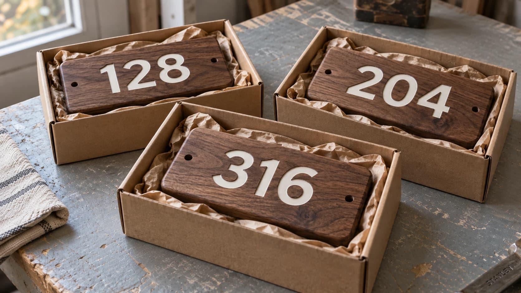 The same 128, 204 and 316 walnut address plaques in individual paper-lined boxes
