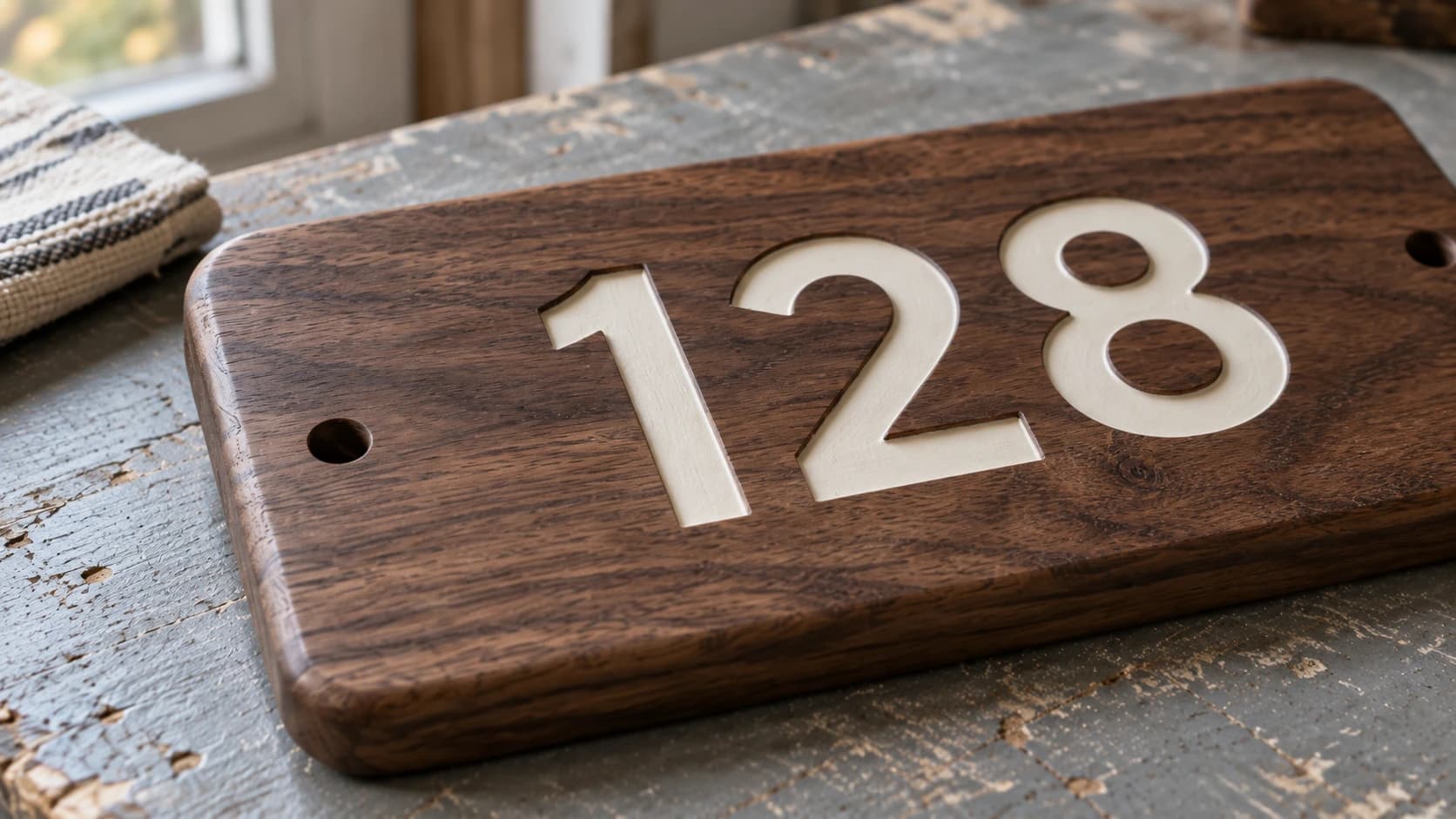 Close view of the 128 address plaque with ivory paint inside recessed numerals and a round mounting hole