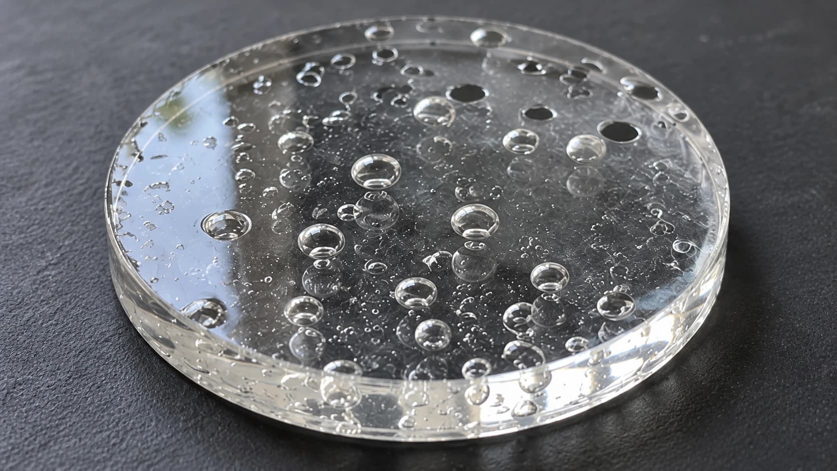 Clear resin casting with numerous round bubbles inside it and a few open pits at the surface
