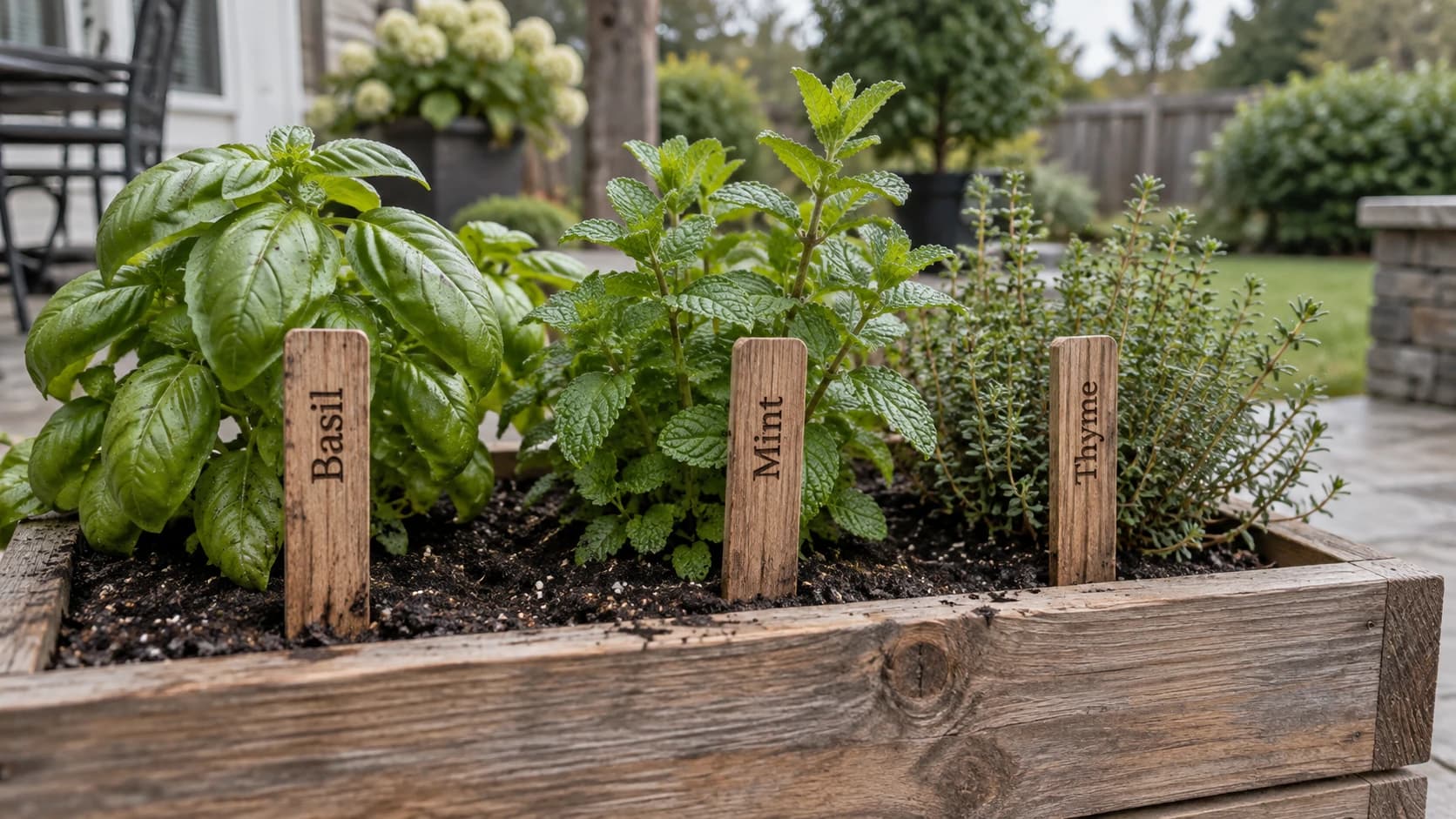 Cedar markers labeled Basil, Mint and Thyme standing in an outdoor herb planter