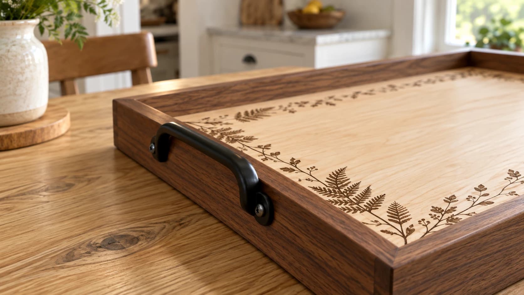 Close-up of a black handle fixed to a walnut tray rail beside a flat botanical border