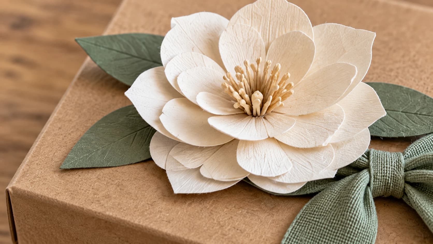 Ivory cardstock flower and sage ribbon on a folded kraft gift box