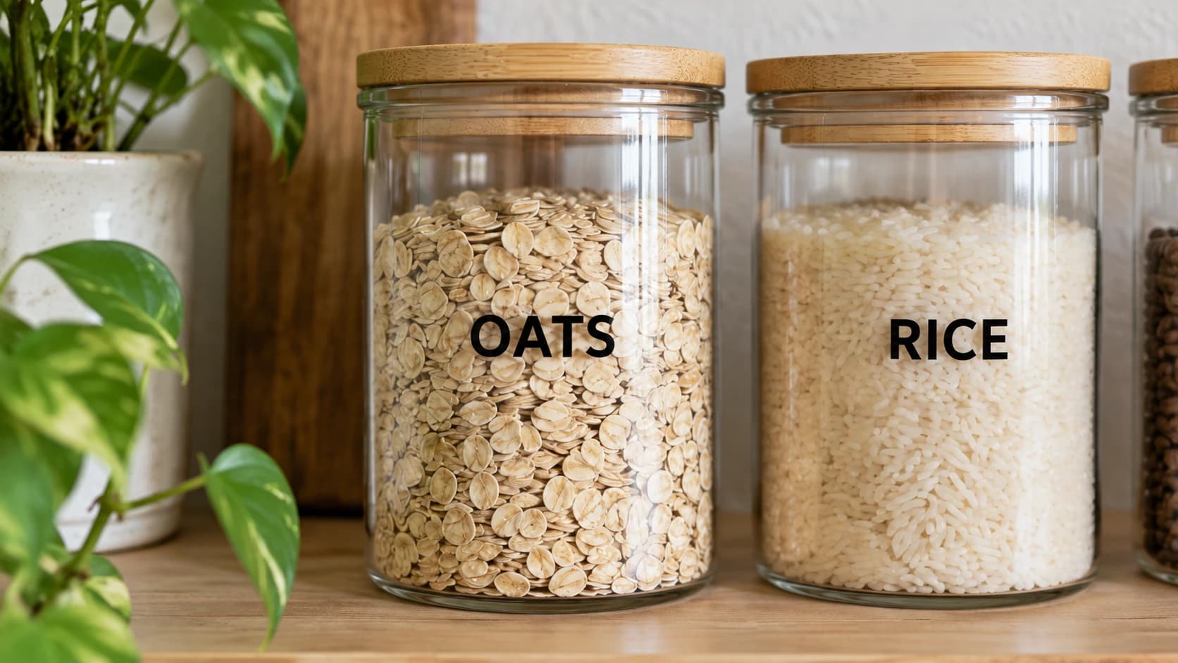 Black vinyl lettering on clear pantry jars with bamboo lids