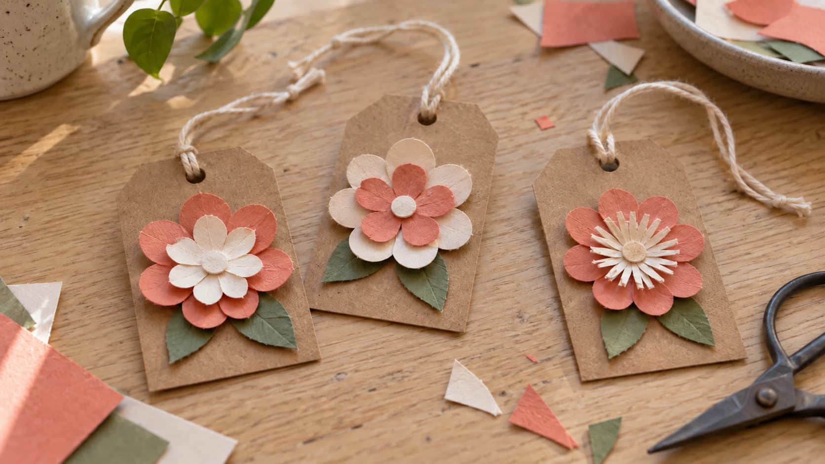 Kraft gift tags with coral and ivory layered paper flowers