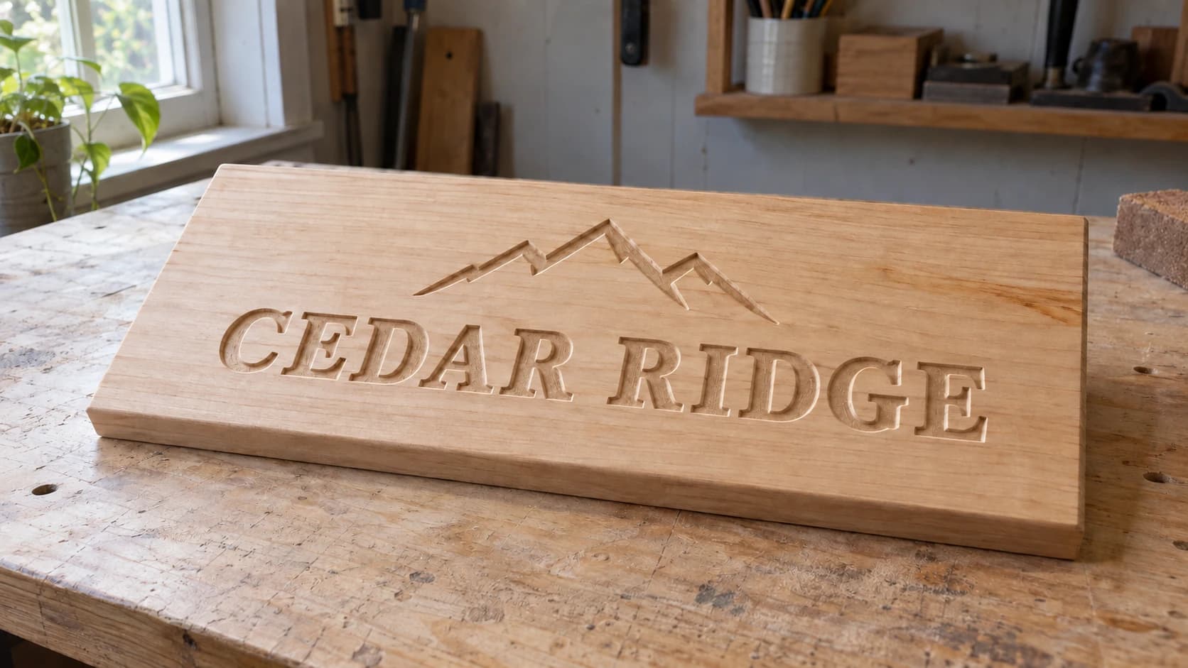 The CEDAR RIDGE maple sign before paint, with the mountain and letters recessed into the wood