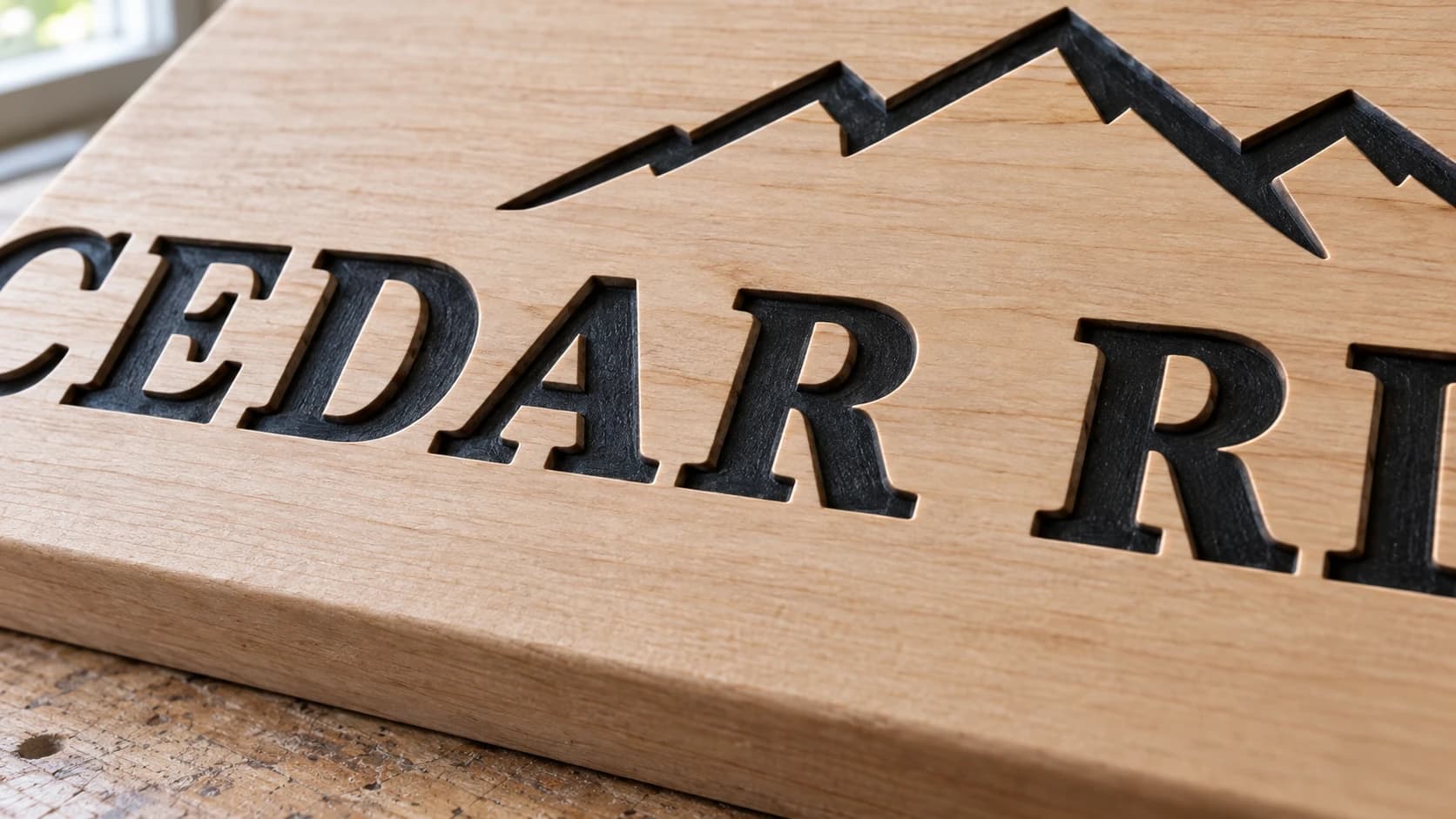 Close detail of the same maple sign with charcoal paint inside the carved letters and a clean sanded face