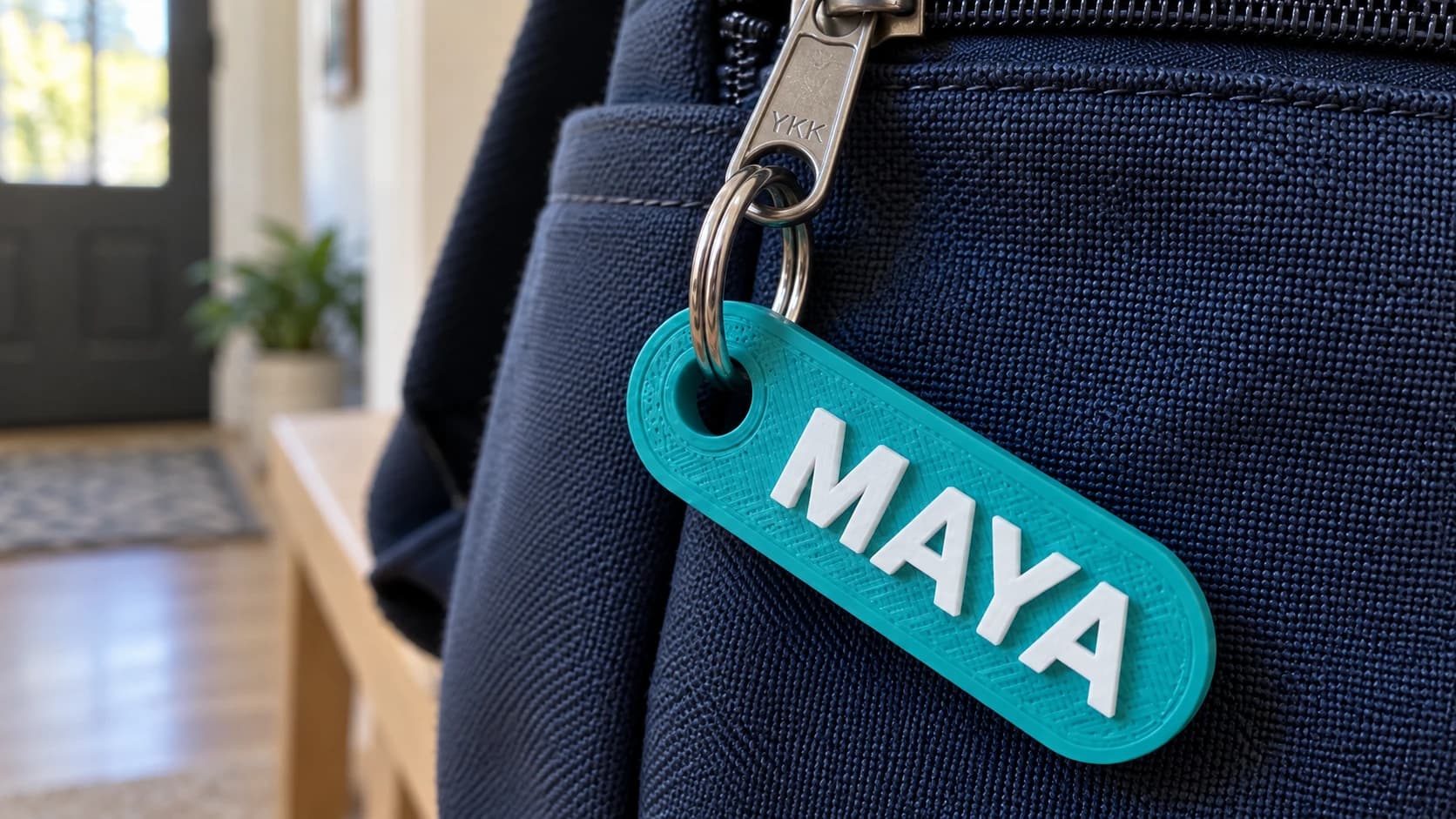 Close-up of a silver split ring through the reinforced hole in a teal and white MAYA name tag