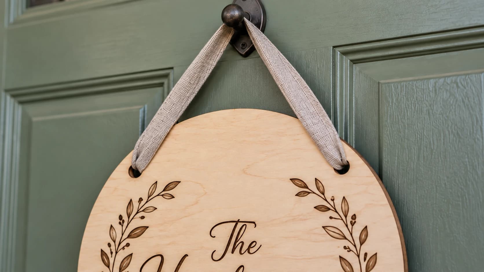 Linen ribbon passing through two real holes in the engraved Hendersons sign and over the door hook