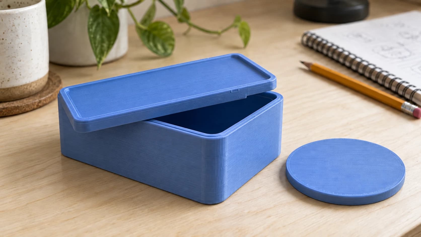 The blue printed box with its matching lid resting partly over the opening on the birch desk