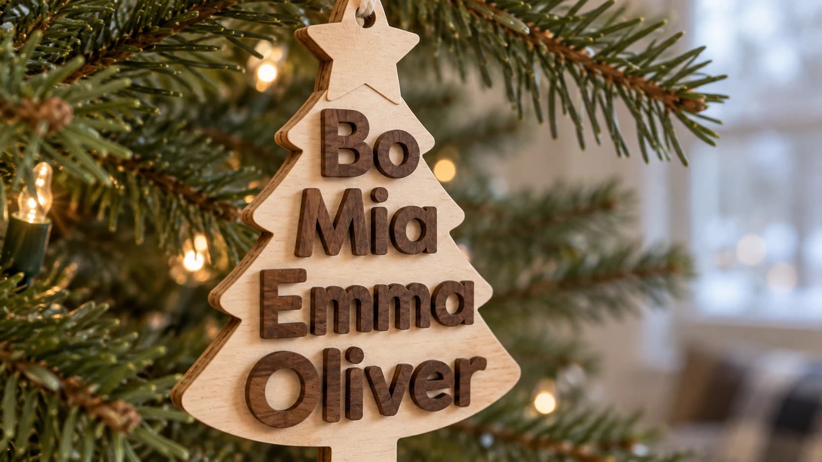 Close-up of walnut family names glued to a continuous birch tree-shaped backer