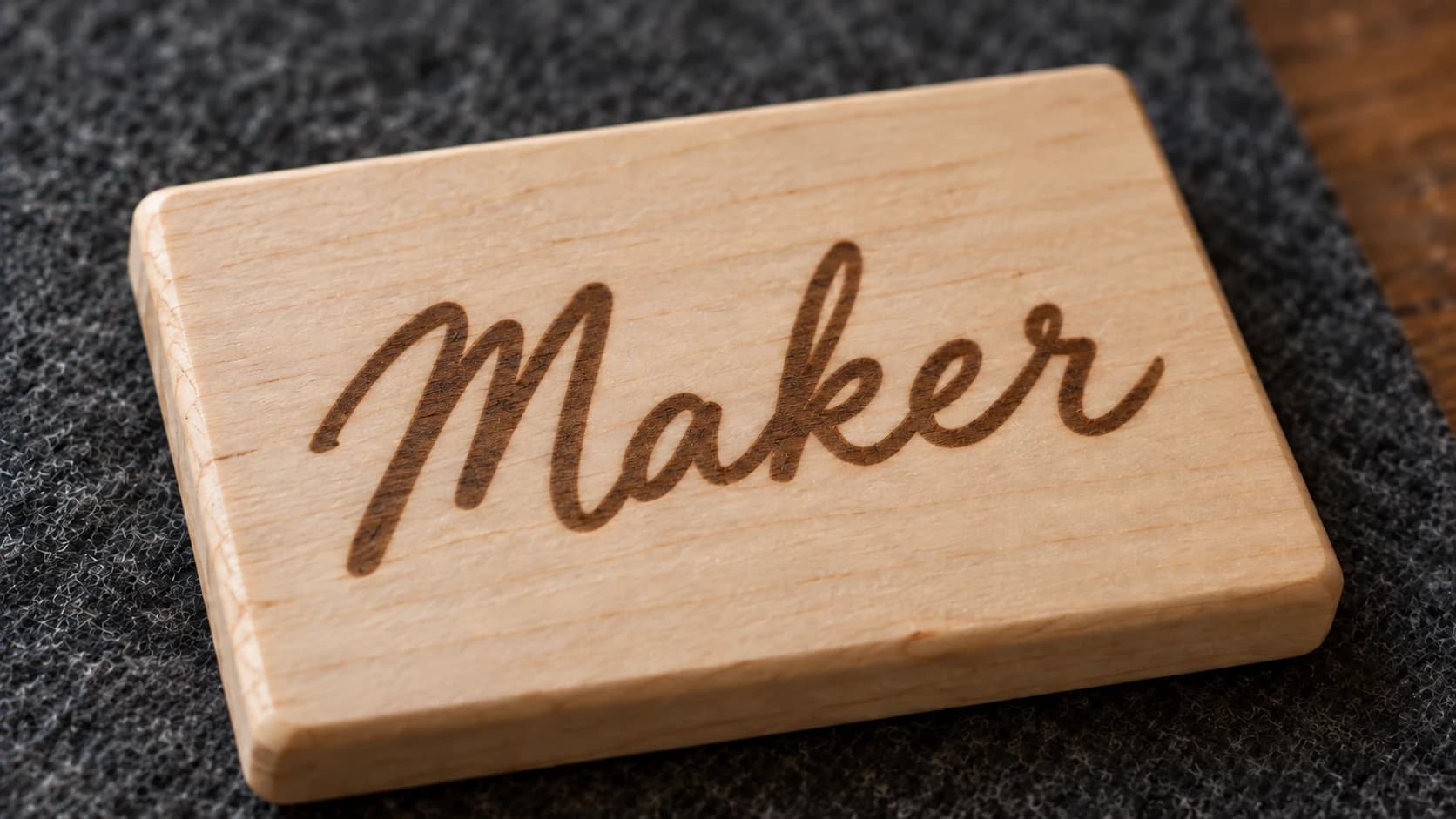 Close-up of the script Maker sample, with brown engraving on the intact maple surface