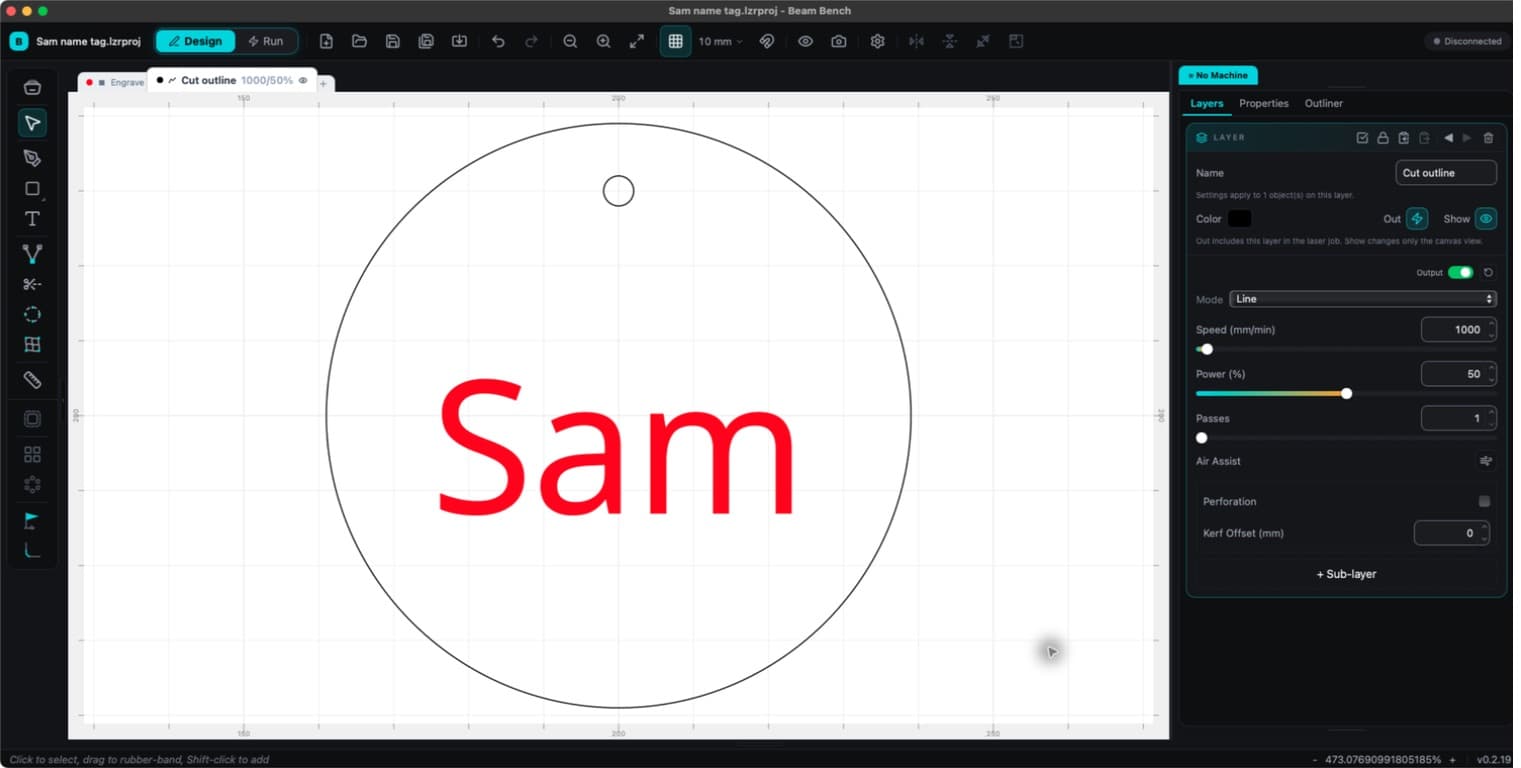 The Layers panel showing Line mode, speed, power and passes for the same name tag
