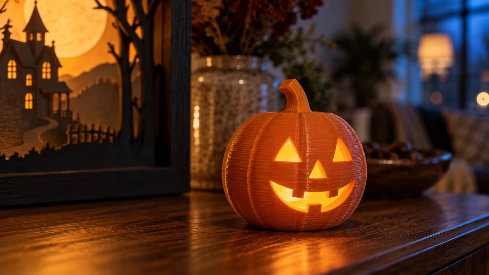 Close-up of an orange printed jack-o-lantern lit by an LED beside the same shadow box