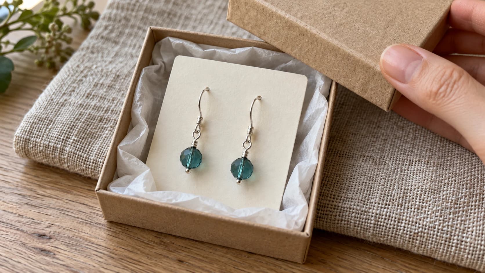 The same teal earrings on their display card inside a tissue-lined kraft jewelry box