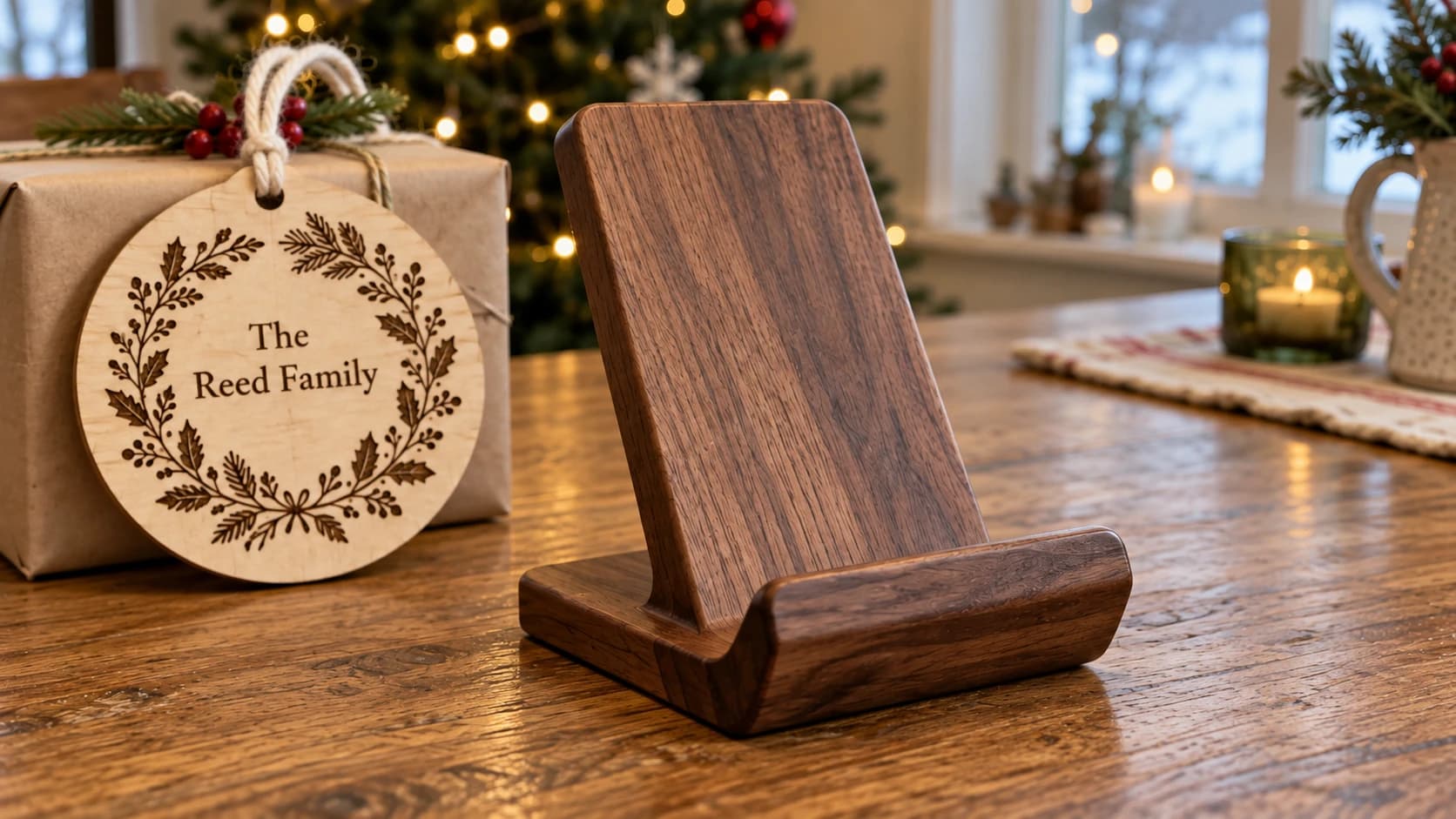 Walnut phone stand with an angled back and a solid support ledge